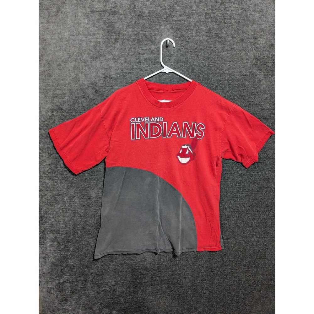 Cleveland Indians T-Shirt Red Grey Colorblock Chief Wahoo Vintage Style Mens L